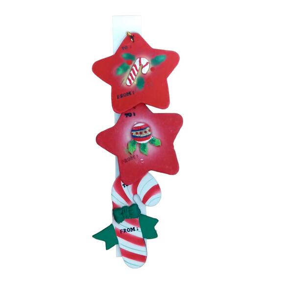 🎁 Vintage Ornament Gift Tags Candy Cane & Red Stars Set of 3 🎄🌟🍬 - Picture 1 of 12